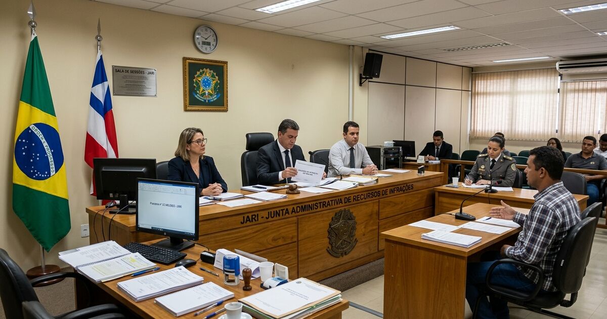 Documentos de recurso de multa sobre mesa com martelo jurídico
